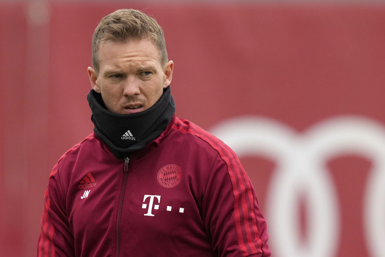 FC Bayern Munich's head coach Julian Nagelsmann arrives for a training session in Munich, Germany, Tuesday, Oct. 19, 2021. Bayern will face Portuguese team Benfica in Lisbon for a Champions League group E soccer match on Wednesday, Oct. 20, 2021. (AP Photo/Matthias Schrader)