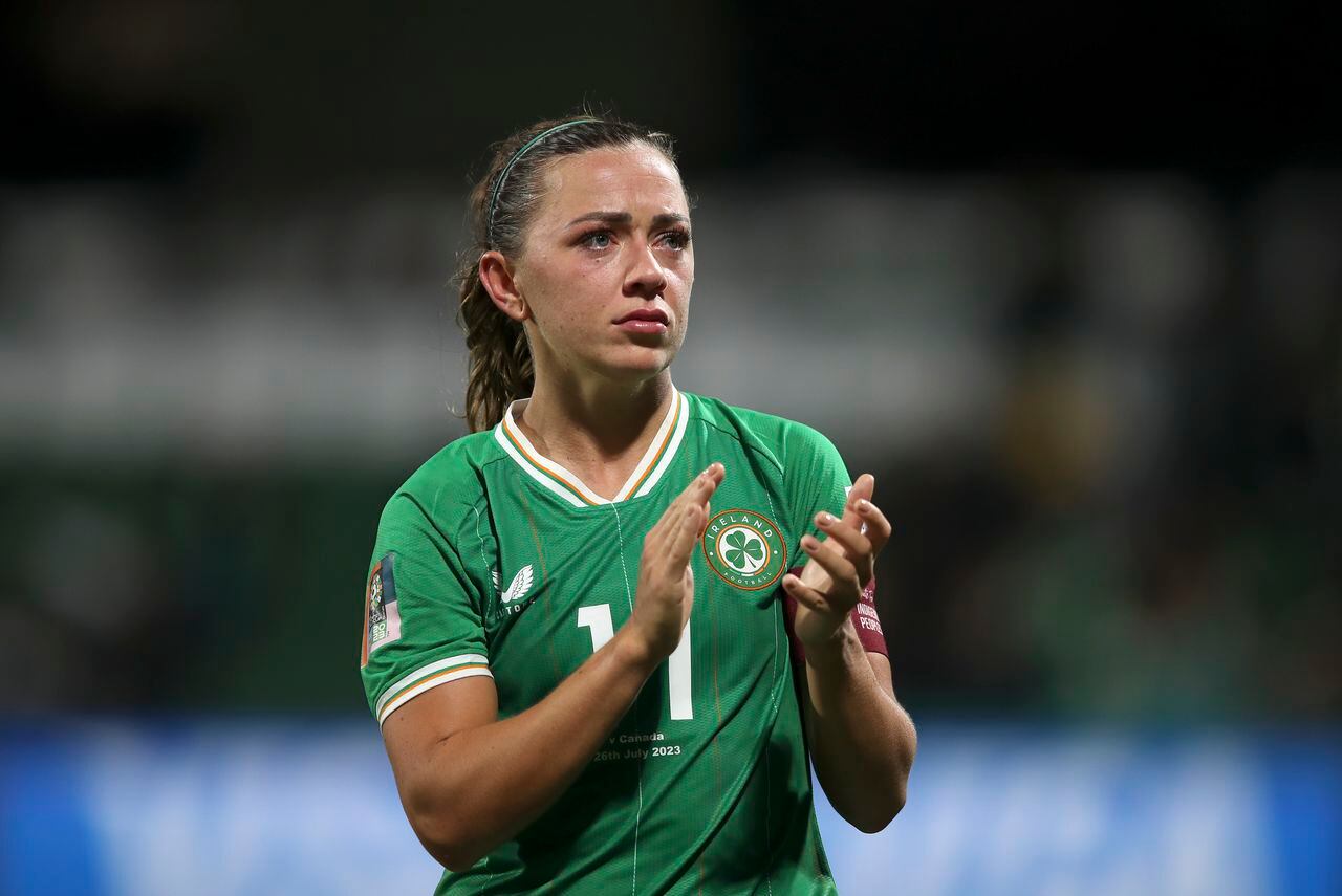Ireland's Katie McCabe applauds the crowd after the Women's World Cup Group B soccer match between Canada and Ireland in Perth, Australia, Wednesday, July 26, 2023. Canada won the match 2-1. (AP Photo/Gary Day)