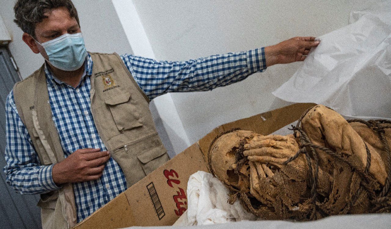 La momia se encontraba amarrada con sogas, algo muy común para los entierros de la época