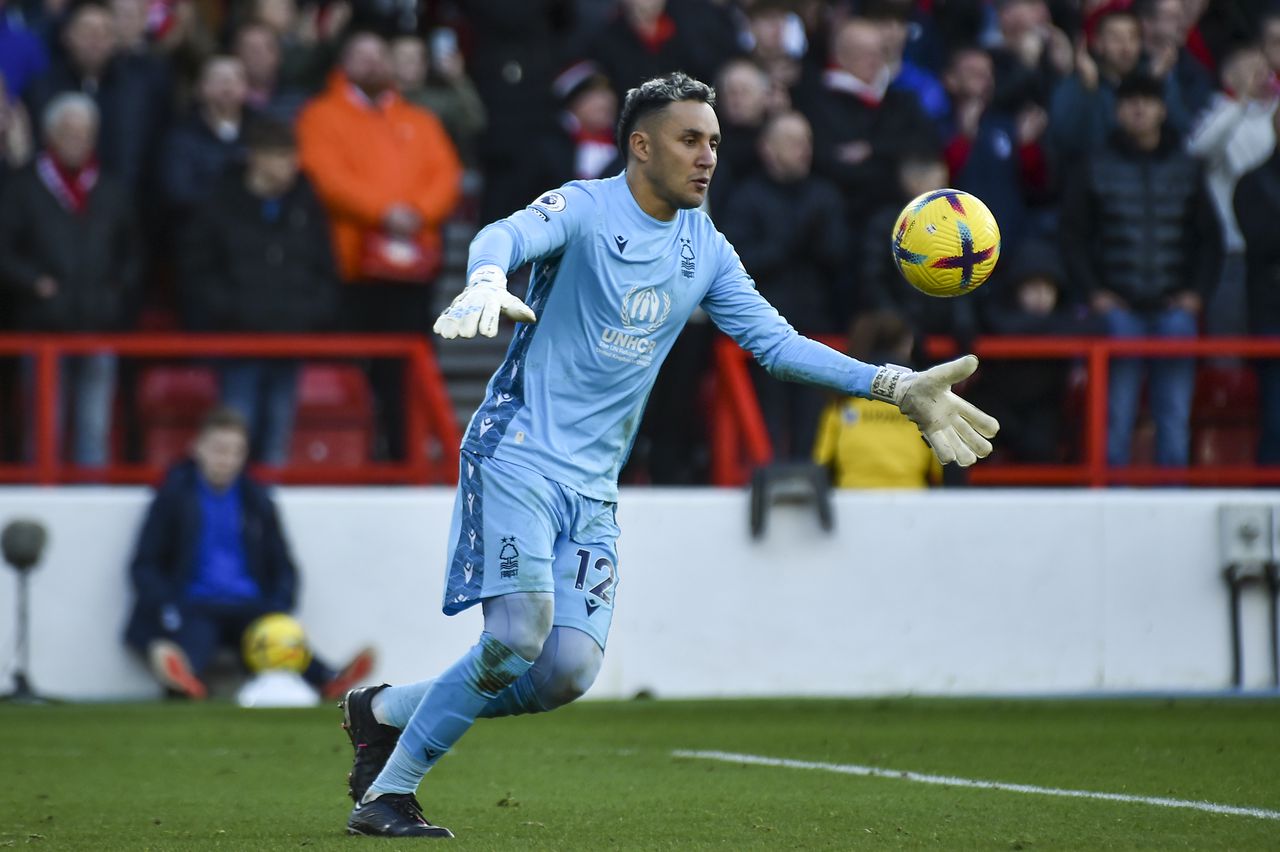 Nottingham Forest's goalkeeper Keylor Navas kicks the ball during the English Premier League soccer match between Nottingham Forest and Leeds United at City Ground stadium in Nottingham, England, Sunday, Feb. 5, 2023. (AP Photo/Rui Vieira)