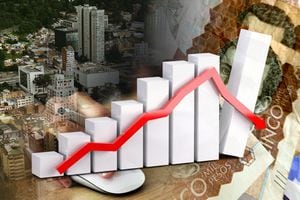 Economy chart: down arrow, Colombian peso banknotes in cash, Bogota city and hand with mouse (money, inflation, crisis, markets, finance, business)