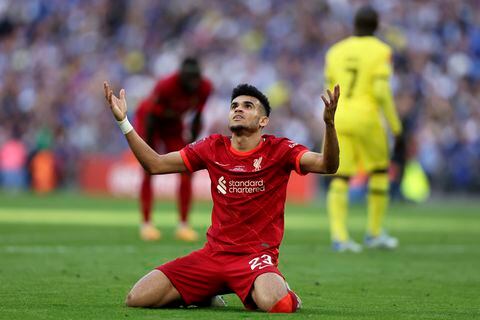 Liverpool's Luis Diaz reacts after a missed chance to score during the English FA Cup final soccer match between Chelsea and Liverpool, at Wembley stadium, in London, Saturday, May 14, 2022. (AP Photo/Ian Walton)