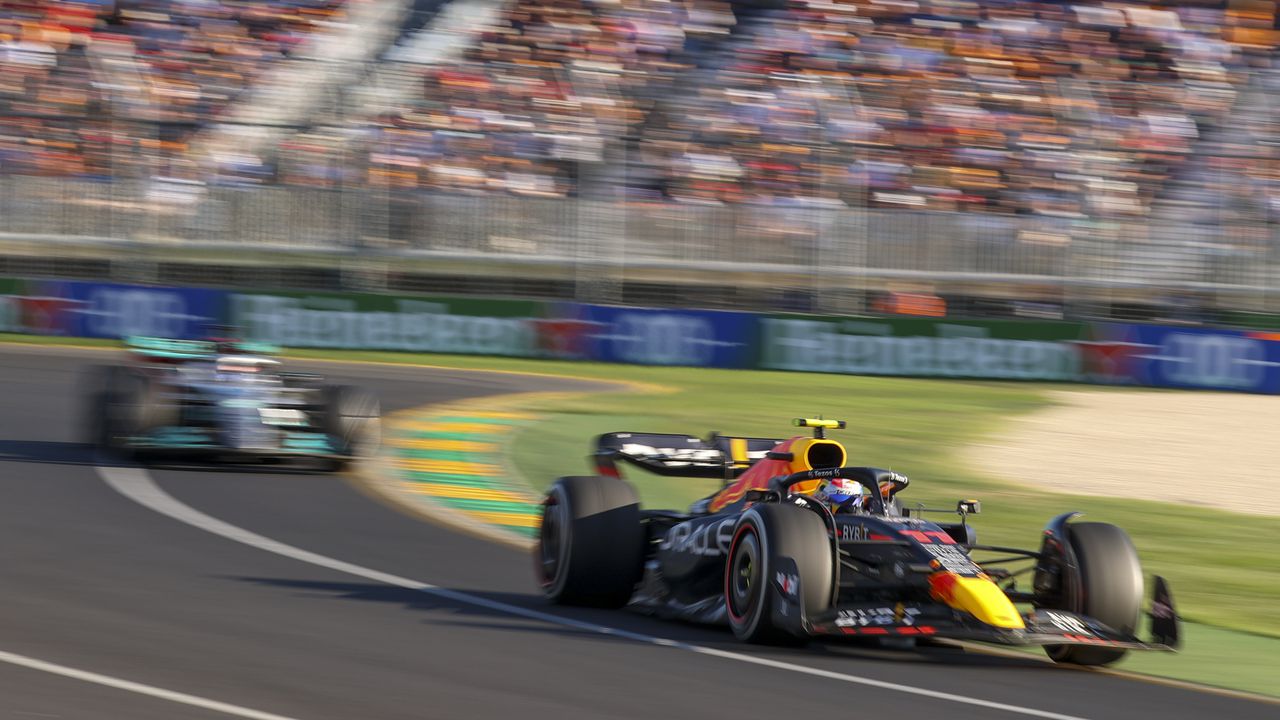 Red Bull driver Sergio Perez of Mexico steers his car during the Australian Formula One Grand Prix in Melbourne, Australia, Sunday, April 10, 2022. (AP Photo/Asanka Brendon Ratnayake)