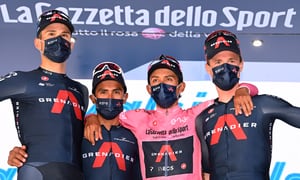 STRADELLA, ITALY - MAY 27: Filippo Ganna of Italy, Jhonnatan Narvaez Prado of Ecuador, Egan Arley Bernal Gomez of Colombia Pink Leader Jersey & Salvatore Puccio of Italy and Team INEOS Grenadiers celebrate at podium Super Team Trophy during the 104th Giro d'Italia 2021, Stage 18 a 231km stage from Rovereto to Stradella / #UCIworldtour / @girodiitalia / #Giro / on May 27, 2021 in Stradella, Italy. (Photo by Stuart Franklin/Getty Images)