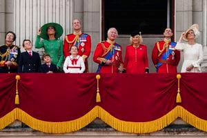 From left, Britain's Princess Anne, Prince George, Kate, Princess of Wales, Prince Louis, Prince William, Princess Charlotte, King Charles III, Queen Camilla, Prince Edward and Sophie, Duchess of Edinburgh view the flypast from the balcony of Buckingham Palace following the Trooping the Colour ceremony in central London, Saturday June 17, 2023. (Victoria Jones/PA via AP)