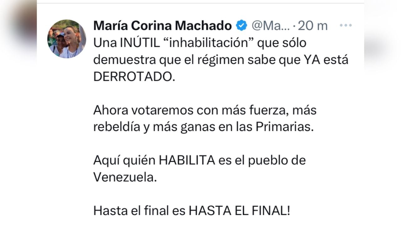 Minutos después de conocerse la noticia, la propia Machado, líder de Vente Venezuela publicó en sus redes sociales un mensaje en el que señaló que a pesar de la decisión, irá hasta el final.