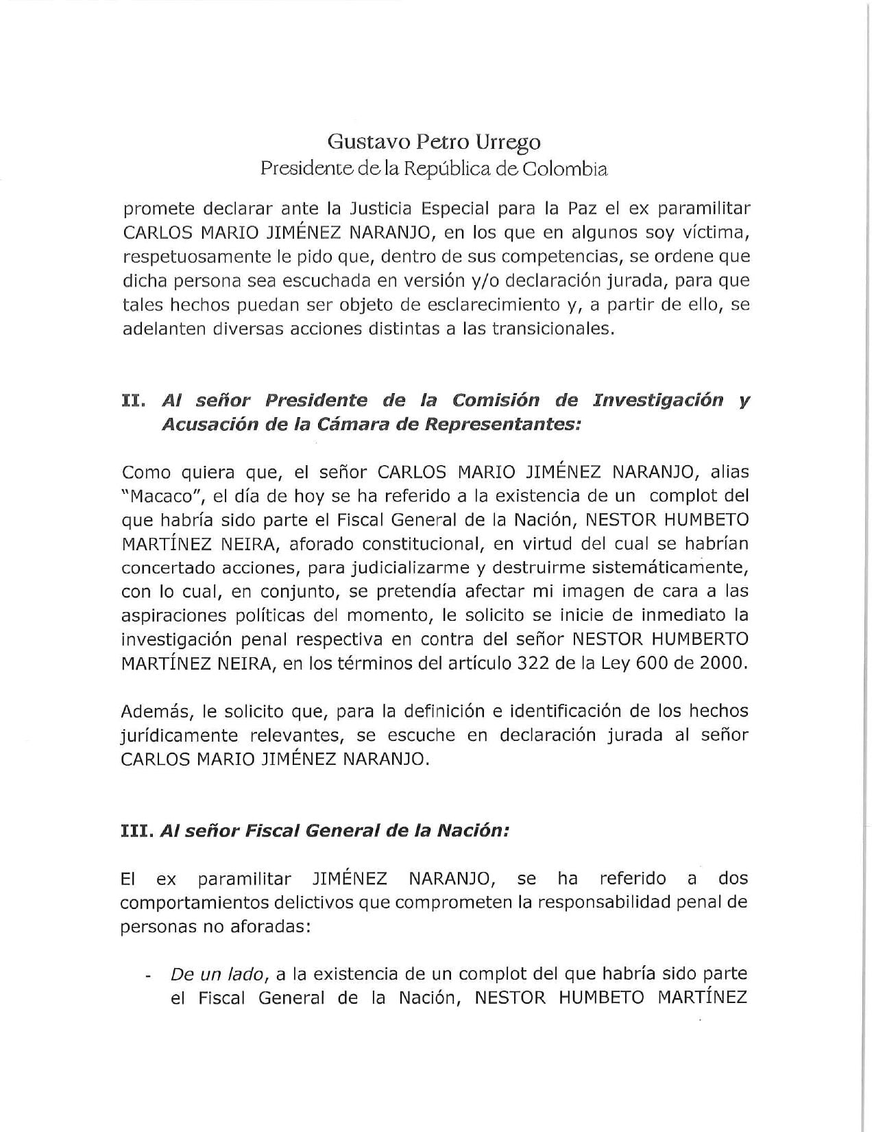 Petro pidió a la Comisión de Investigación y Acusación de la Cámara de Representantes y a la Fiscalía investigar al exfiscal Martínez.
