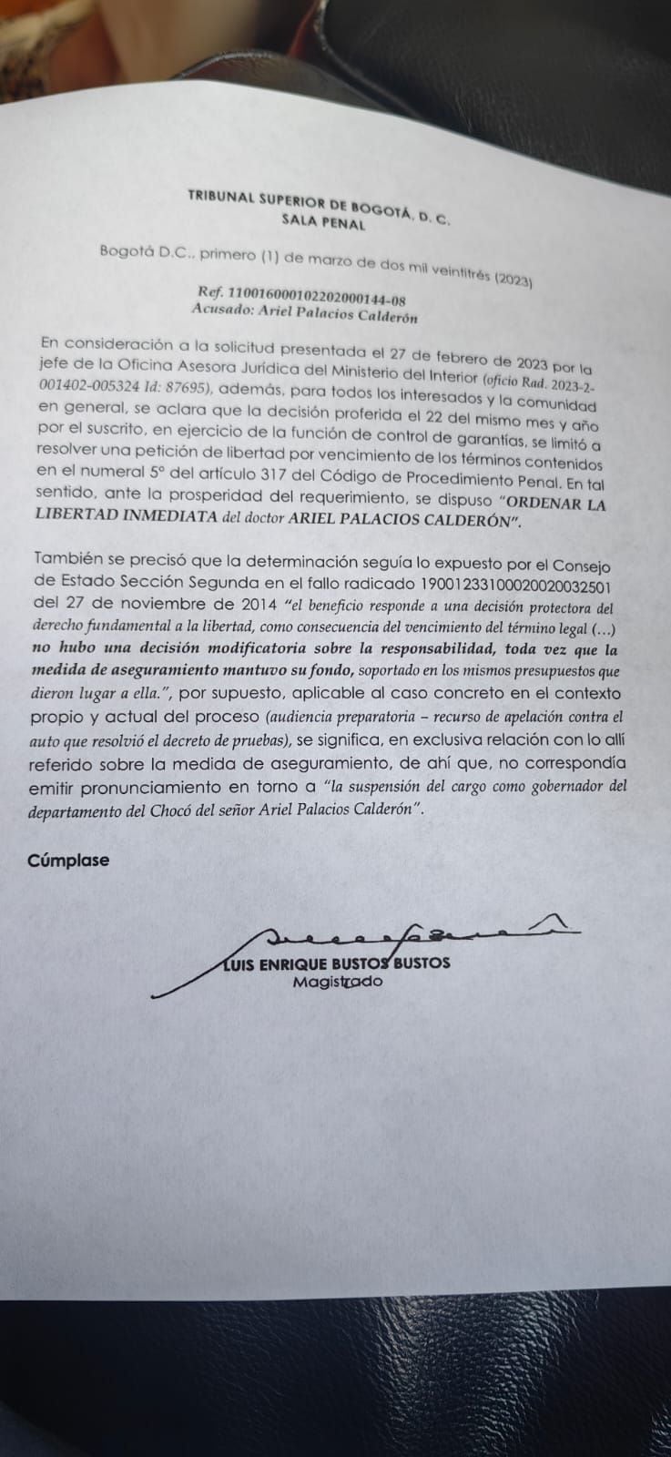 Fallo del Tribunal Superior que rechaza el reintegro de Ariel Palacios como Gobernador del Chocó.