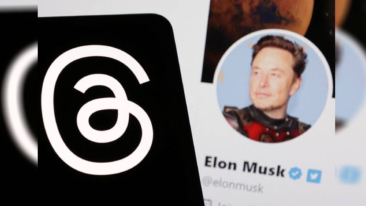 La ilustración muestra el logotipo de la aplicación Meta Threads y la cuenta de Twitter de Elon Musk.