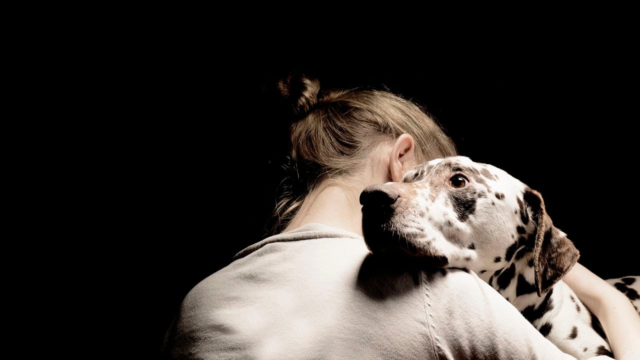 Joven abrazando a su perro; foto de estudio