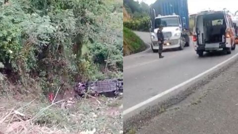 Las primeras imágenes del accidente muestran que el bus se rodó por un abismo en la vía.
