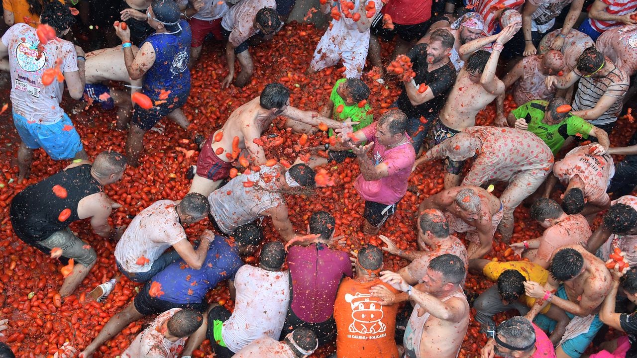 La emblemática fiesta es "la mayor pelea de comida del mundo". (Photo by Jose Jordan / AFP).