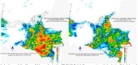 Pronóstico acumulado de precipitación en 24 horas (entre las 07:00 HLC del día presente y el siguiente día) elaborado por el meteorólogo en turno en la oficina de Pronósticos y Alertas del Ideam, para los días sábado 11 (izquierda) y domingo 12 (derecha) de marzo de 2022.
