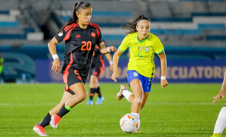 Imagen del partido entre Colombia y Brasil por la primera ronda del Sudamericano Femenino Sub-20 del 2024.