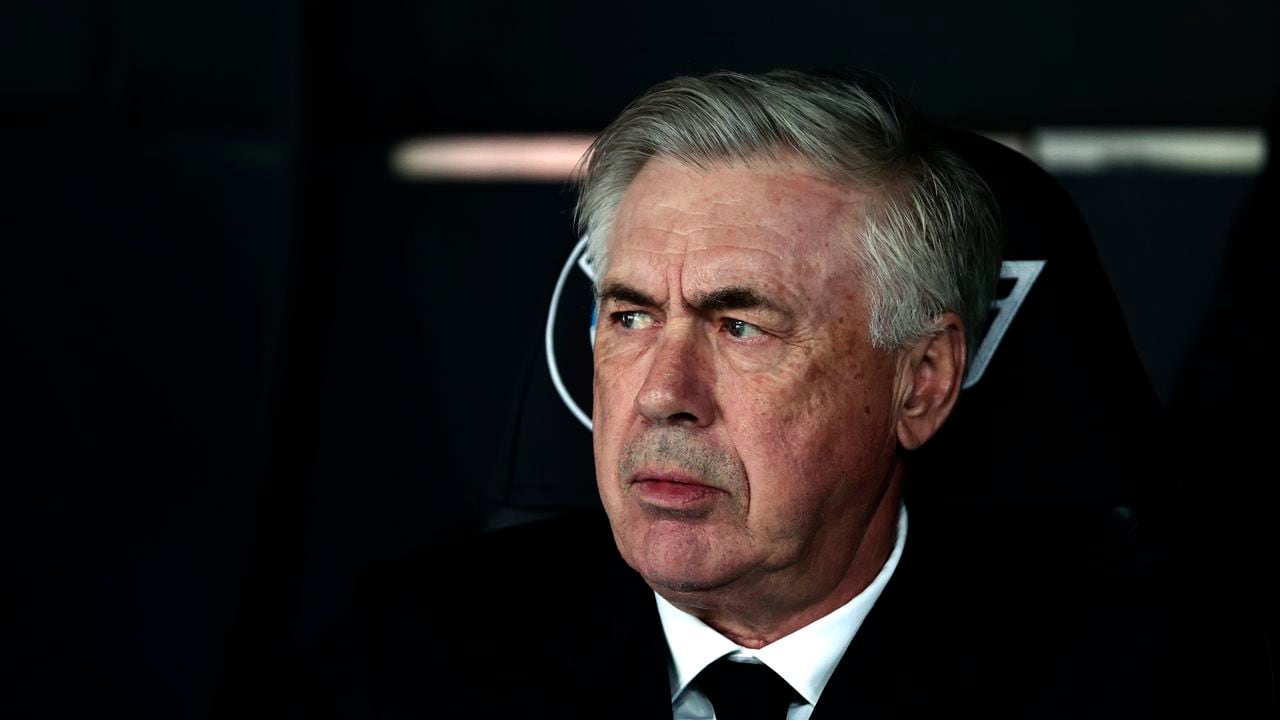 Real Madrid's head coach Carlo Ancelotti attends the Spanish La Liga soccer match between Real Madrid and Valladolid at the Santiago Bernabeu stadium in Madrid, Spain, Sunday, April 2, 2023. (AP Photo/Pablo Garcia)