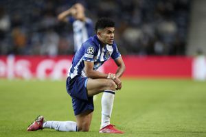 Porto's Luis Diaz reacts during the Champions League group B soccer match between FC Porto and Liverpool at the Dragao stadium in Porto, Portugal, Tuesday, Sept. 28, 2021. Liverpool won 5-1. (AP Photo/Luis Vieira)