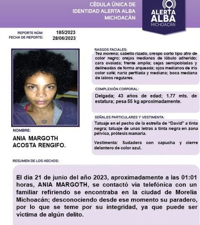 Anuncio de búsqueda por la desaparición de Ania Acosta, actriz colombiana.