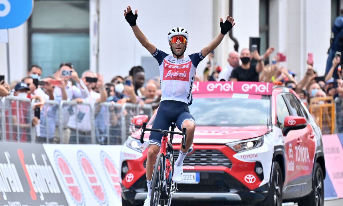 Vincenzo Nibali celebrates as he crosses the finish line to win the fourth stage of the Giro di Sicilia, tour of Sicily cycling race, from Sant'Agata di Militello to Mascali, Italy, Friday, Oct. 1, 2021. (Massimo Paolone/LaPresse via AP)