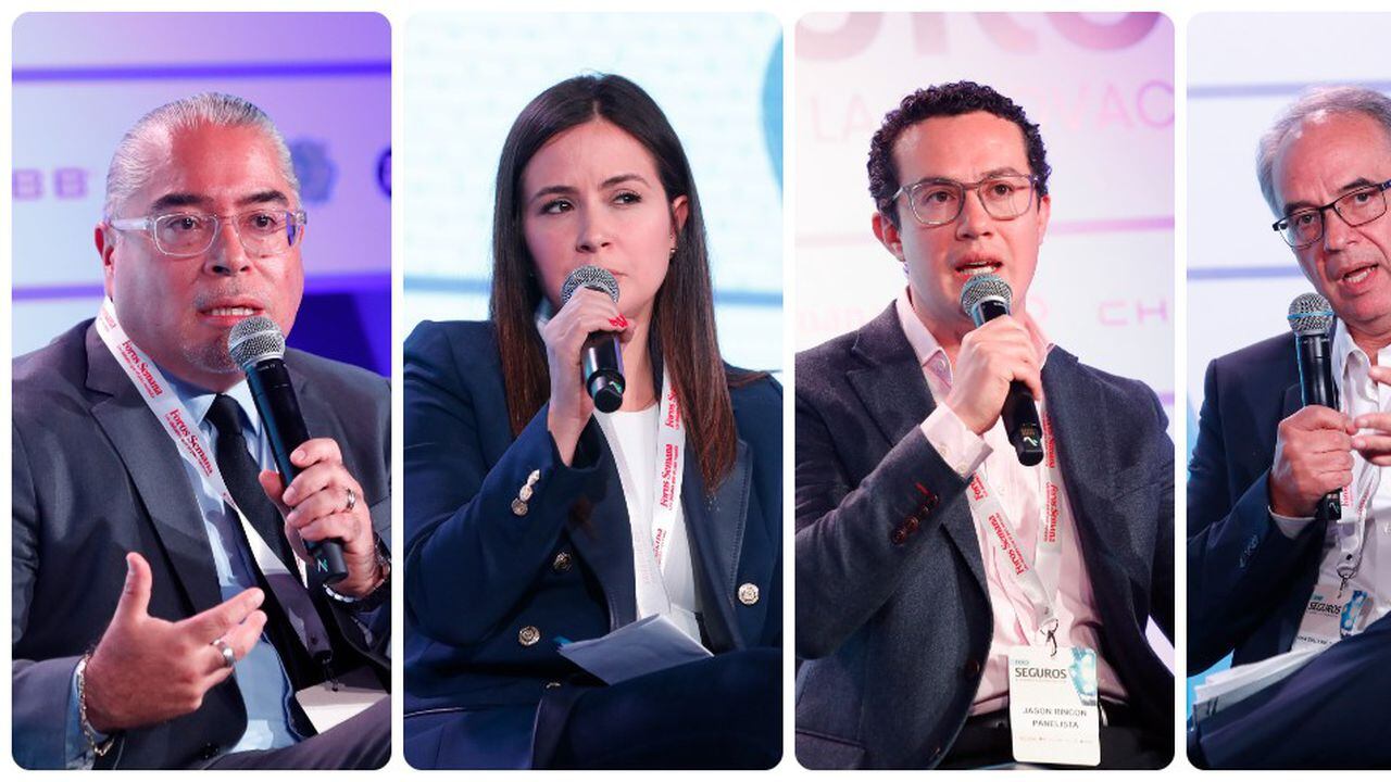 Eduardo Garduño Mejía, jefe de reaseguros del Caribe y la región
Andina de Swiss Re Colombia; Isabel Bedoya, directora ejecutiva de la Asociación Insurtech Colombia;  Jason Rincón, gerente de Vivienda e Ingeniería de Seguros Bolívar y  Juan Guillermo Zuloaga, director de la ARL de AXA Colpatria.