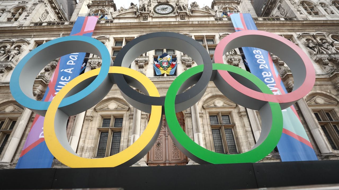 PARIS, FRANCE - SEPTEMBER 28: A view of the Olympic Rings on display in front of Paris City Hall ahead of the 2024 Paris Olympic Games in Paris, France on September 28, 2023. With the Olympic Games to be held in Paris, the capital of France in 2024, it is becoming increasingly difficult to find a house for rent in the city. With 16 million people expected to visit the city during the Games, rental prices have tripled, depending on the region. There are fears that this rise in prices will lead to a shortage of affordable housing, especially for locals. (Photo by Mohamad Salaheldin Abdelg Alsayed/Anadolu Agency via Getty Images)