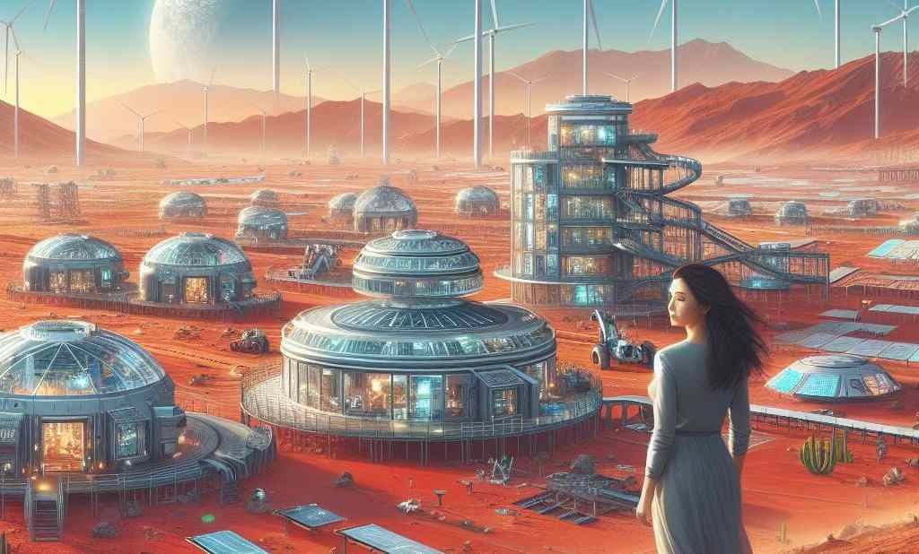 Ilustración creada con IA de una colonia en Marte.