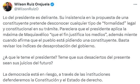 El exministro Wilson Ruiz rechazó las declaraciones de Gustavo Petro sobre la Constituyente.
