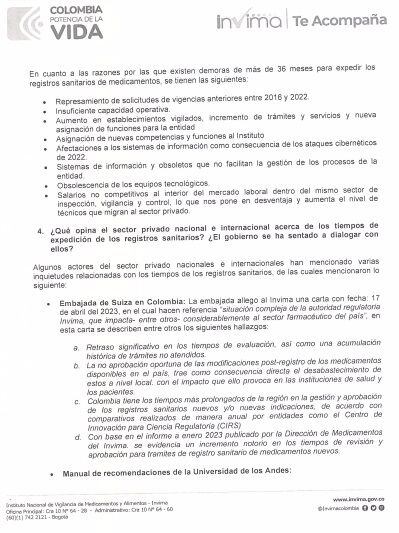 La Embajada de Suiza en Colombia le envió una carta al Invima sobre las implicaciones de las demoras en los trámites de medicamentos en la entidad.