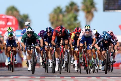 BURRIANA, SPAIN - AUGUST 30: A general view of Kaden Groves of Australia and Team Alpecin-Deceuninck, Filippo Ganna of Italy and Team INEOS Grenadiers, Lewis Askey of The United Kingdom and Team Groupama - FDJ, Edward Theuns of Belgium and Team Lidl - Trek, Dries Van Gestel of Belgium and Team TotalEnergies and Alberto Dainese of Italy and Team DSM - Firmenich during the 78th Tour of Spain 2023, Stage 5 a 184.6km stage from Burriana to Burriana / #UCIWT / on August 30, 2023 in Morella, Spain. (Photo by Alexander Hassenstein/Getty Images