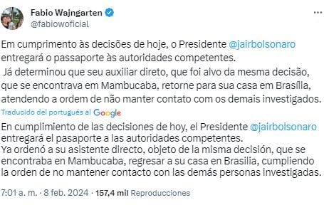 El asesor de Bolsonaro confirmó que el expresidente entregará su pasaporte a las autoridades