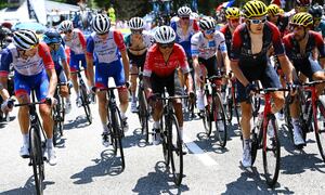 HAUTACAM, FRANCE - JULY 21: (L-R) Antoine Duchesne of Canada, David Gaudu of France and Team Groupama - FDJ, Nairo Alexander Quintana Rojas of Colombia and Team Arkéa - Samsic, Tadej Pogacar of Slovenia and UAE Team Emirates - White Best Young Rider Jersey and Geraint Thomas of The United Kingdom and Team INEOS Grenadiers compete during the 109th Tour de France 2022, Stage 18 a 143,2km stage from Lourdes to Hautacam 1520m / #TDF2022 / #WorldTour / on July 21, 2022 in Hautacam, France. (Photo by Getty Images/Tim de Waele)