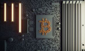 Bitcoin cryptocurrency symbol with binary codes on the motherboard. (3d render)