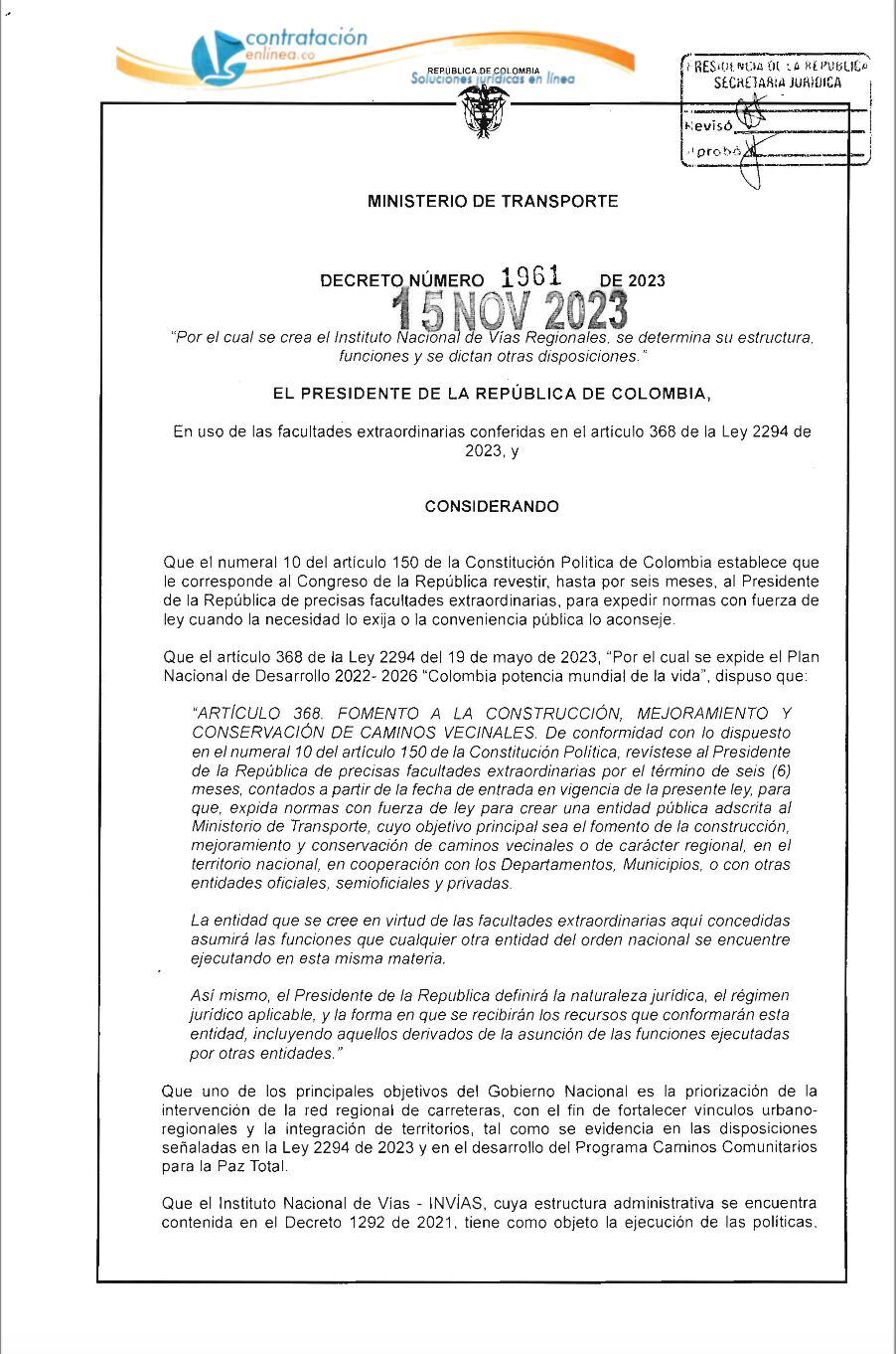 Decreto que crea el Instituto Nacional de Vías Regionales.