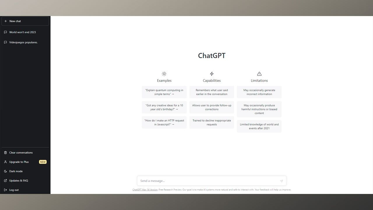 El menú inicial de ChatGPT cuenta con temas predeterminados para que los usuarios interactúen con la IA.