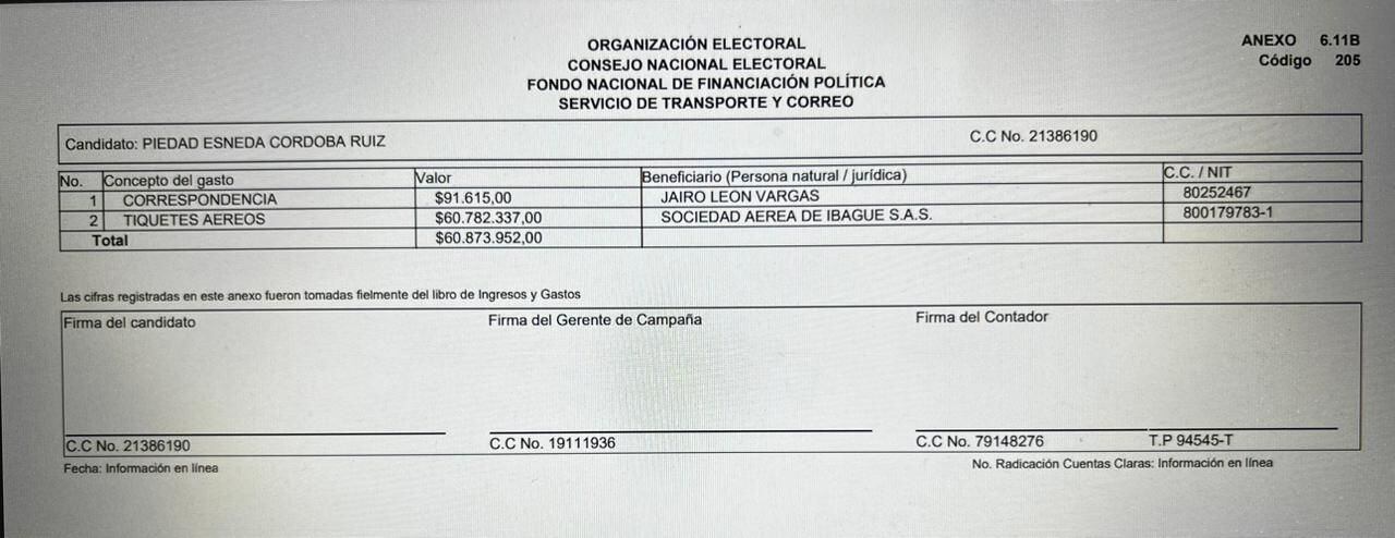 En los gastos de campaña de la senadora Piedad Córdoba aparece relacionada la controvertida firma aérea de Ibagué.