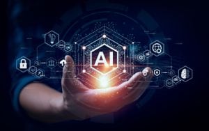 Empresario tocando el cerebro funcionando con Inteligencia Artificial (IA)
Automatización, análisis predictivo, chatbot basado en IA de servicio al cliente, análisis de datos, negocios y tecnología de los clientes.