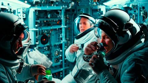 Ilustración creada con inteligencia artificial de astronautas bebiendo agua mientras viajan por el espacio.