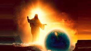 Ilustración que representa la segunda venida de Cristo a la Tierra y el fin del mundo.