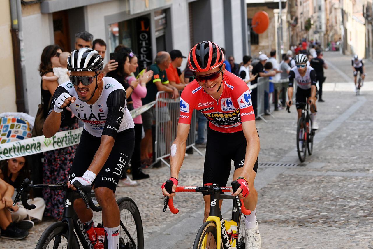 LERMA, SPAIN - SEPTEMBER 06: (L-R) Juan Sebastian Molano Benavides of Colombia and UAE Team Emirates and Sepp Kuss of The United States and Team Jumbo-Visma - Red Leader Jersey prior to the 78th Tour of Spain 2023, Stage 11 a 163.2km stage from Lerma to La Laguna Negra. Vinuesa 1730m / #UCIWT / on September 06, 2023 in Lerma, Spain. (Photo by Tim de Waele/Getty Images)