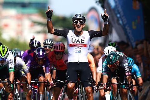 BURGOS, SPAIN - AUGUST 15: A general view of Juan Sebastian Molano Benavides of Colombia and UAE Team Emirates celebrates at finish line as stage winner during the 45th Vuelta a Burgos 2023, Stage 1 a 161km stage from Villalba de Duero to Burgos on August 15, 2023 in Burgos, Spain. (Photo by Gonzalo Arroyo Moreno/Getty Images)
