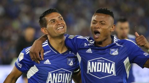 David Silva and Oscar Cortes of Millonarios celebrate the goal during the match against America de Cali on matchday 16 of the Liga BetPlay DIMAYOR I 2023 played at the Nemesio Camacho El Campin stadium in the city of Bogota. (Photo by Getty Images/Daniel Garzon Herazo/NurPhoto)