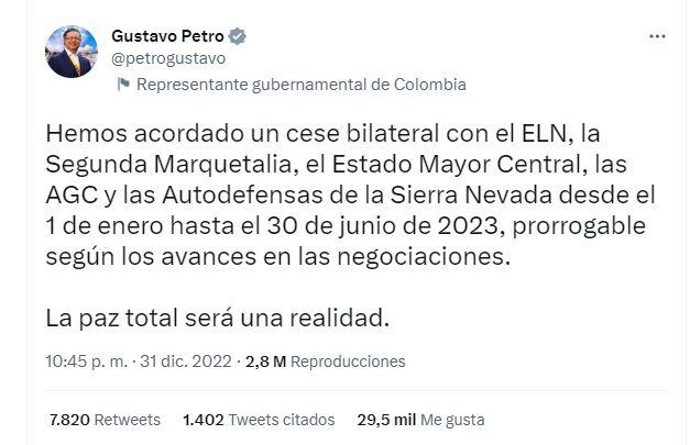 Tuit del presidente Gustavo Petro.