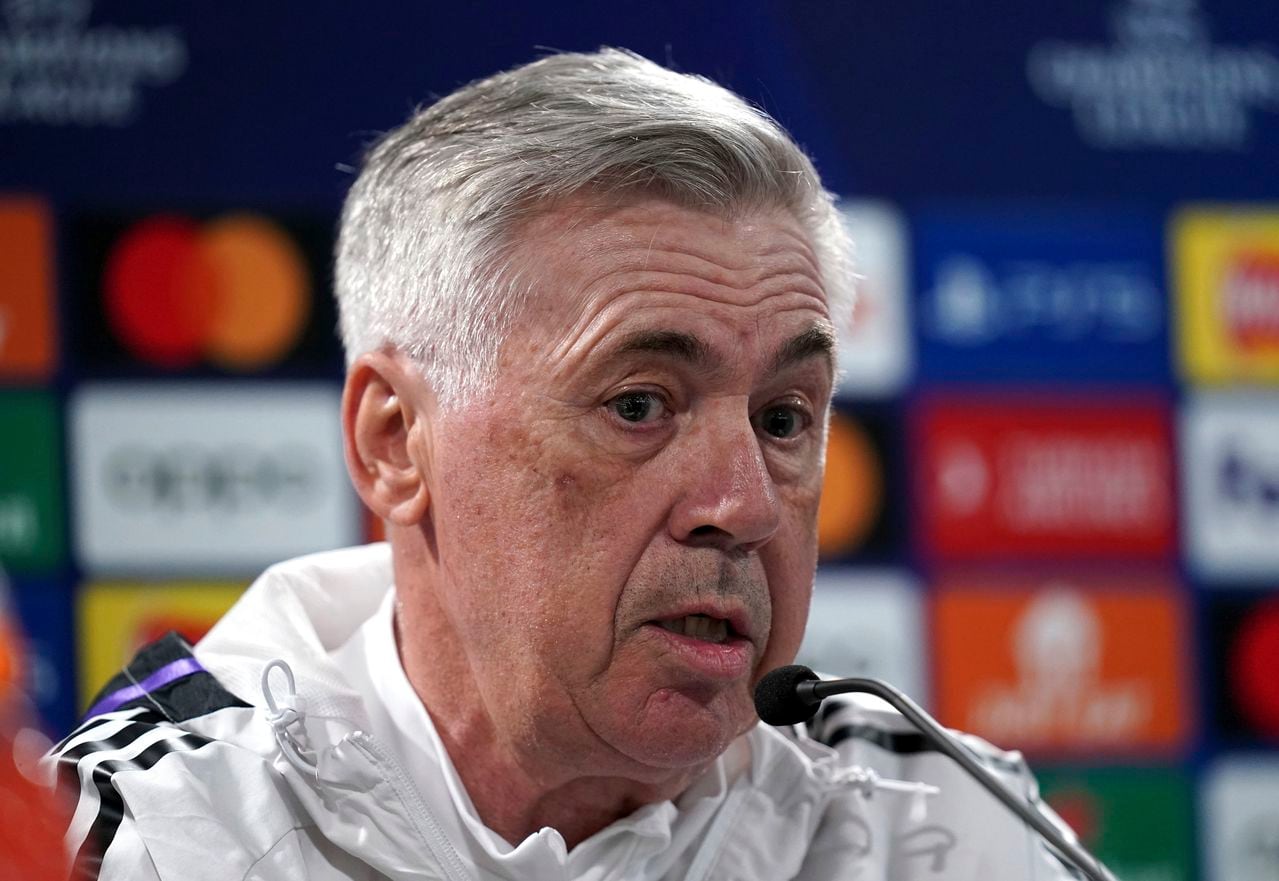 Real Madrid manager Carlo Ancelotti addresses the media during a press conference at Stamford Bridge, London, England, Monday, April 17, 2023. Real Madrid will face FC Chelsea for a UEFA Champions League quarterfinal soccer match on Tuesday, April 18, 2023. (John Walton/PA via AP)