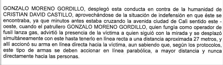 Acusación contra integrante del Esmad por el homicidio del joven Cristian Castillo, en medio del paro nacional del 2021.