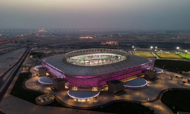 DOHA, QATAR - JUNE 23: (EDITORS NOTE: This photograph was taken using a drone) An aerial view of Ahmad Bin Ali stadium at sunset on June 23, 2022 in Al Rayyan, Qatar. Ahmad Bin Ali stadium, designed by Pattern Design studio is a host venue of the FIFA World Cup Qatar 2022 starting in November. (Photo by Getty Images/David Ramos)