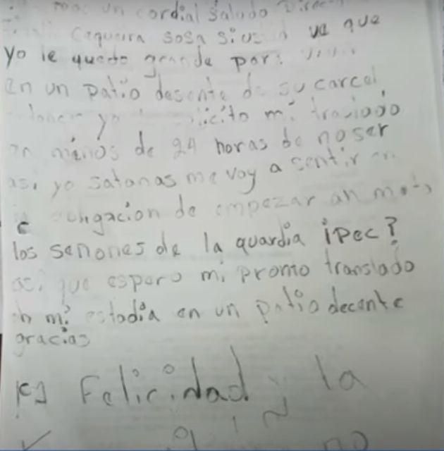 Carta de alias Satanás en la que le exige a la directora de la cárcel La Tramacúa su traslado.