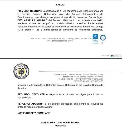 Este fue el fallo del Consejo de Estado que determinó la nulidad en el nombramiento de Paola Andrea Vásquez Restrepo.