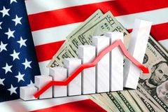 Economy chart: down arrow, USA flag and cash dollar bills (money, business, finance, crisis, success, devaluation, inflation)