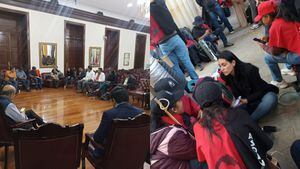 Congresistas del Pacto Histórico dialogan con los indígenas y maestros manifestantes.