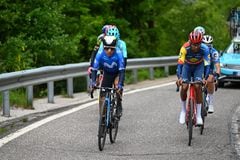 PASSO BROCON, ITALY - MAY 22: (L-R) Nairo Quintana of Colombia and Movistar Team and Amanuel Ghebreigzabhier of Eritrea and Team Lidl - Trek compete in the breakaway during the 107th Giro d'Italia 2024, Stage 17 a 159km stage from Selva di Val Gardena to Passo Brocon 1604m / #UCIWT / on May 22, 2024 in Passo Brocon, Italy. (Photo by Dario Belingheri/Getty Images)