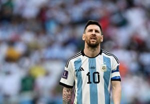 Soccer Football - FIFA World Cup Qatar 2022 - Group C - Argentina v Saudi Arabia - Lusail Stadium, Lusail, Qatar - November 22, 2022  Argentina's Lionel Messi reacts REUTERS/Dylan Martinez